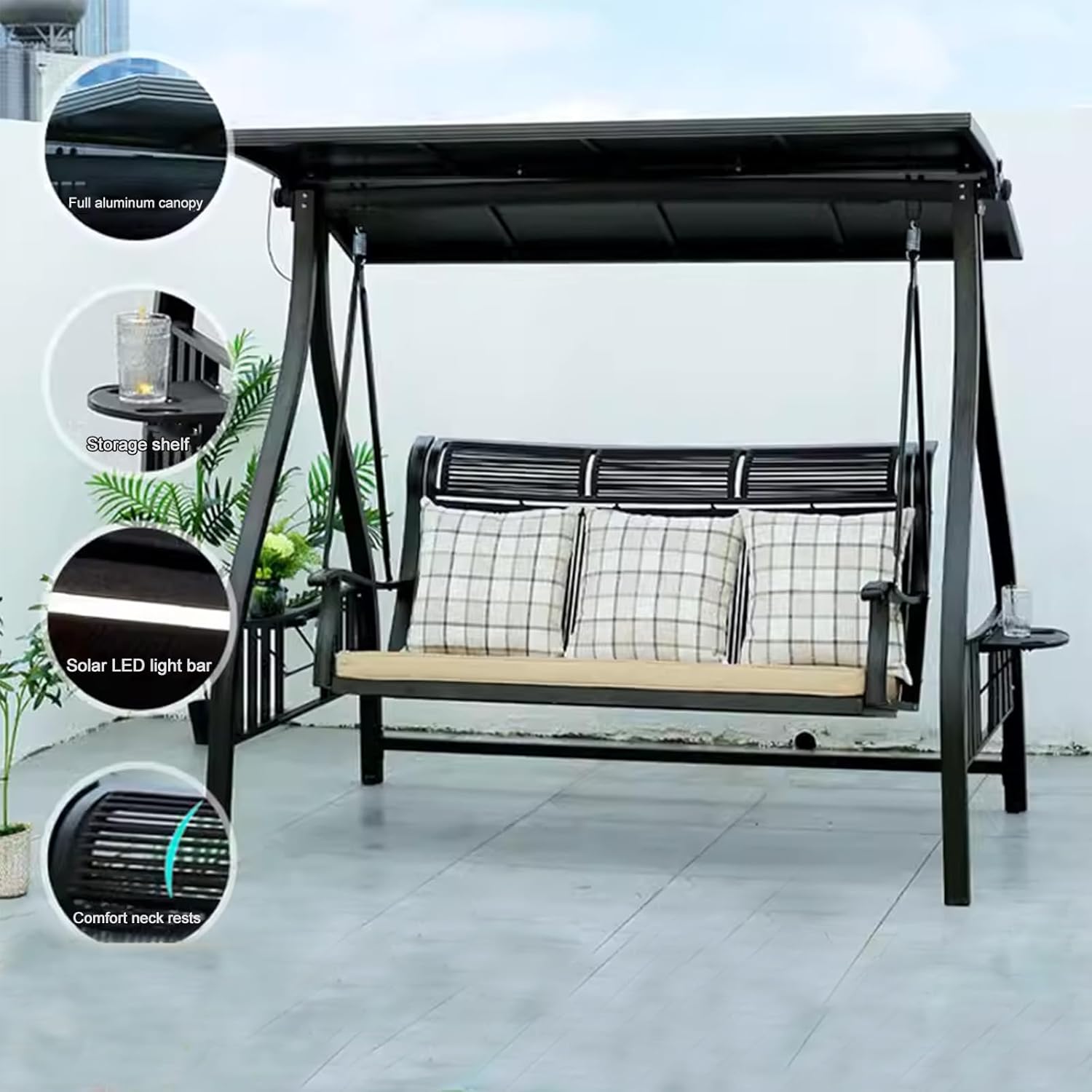 2/3-Seat Outdoor Patio Porch Swing with Adjustable Aluminum Alloy Canopy Solar Patio Swing Chair Bench with Footrest Side Cup Holder for Backyard Lawn (Manchester Without Footrest-3 Seat)-VerdiqueGarden