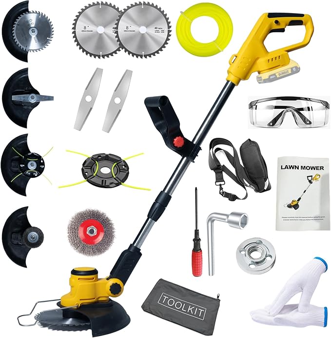 Electric Weed Wacker Cordless for Dewalt 20 V Battery, 4-in-1 Battery-Powered Mower, Lightweight Cordless Weeder for Lawn, Yard and Brush Mowing (Battery Free, Yellow)-VerdiqueGarden