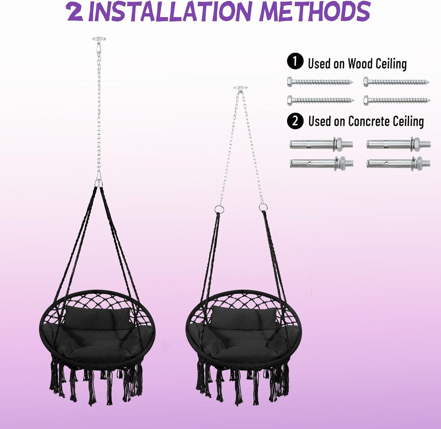 Macrame Hammock Hanging Swinging Chair with Medium Cushion, Perfect for Bedroom, Porch, Adults, Balcony, Black-VerdiqueGarden