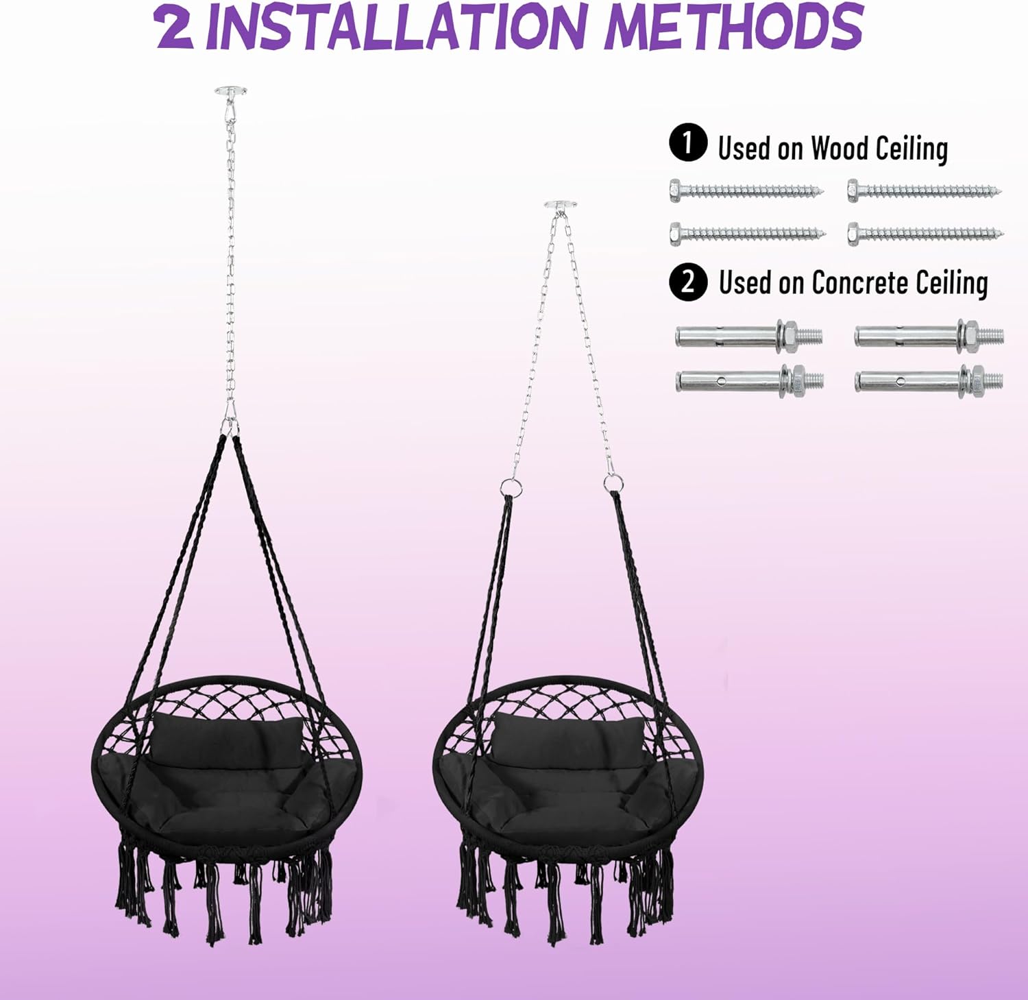 Macrame Hammock Hanging Swinging Chair with Medium Cushion, Perfect for Bedroom, Porch, Adults, Balcony, Black-VerdiqueGarden