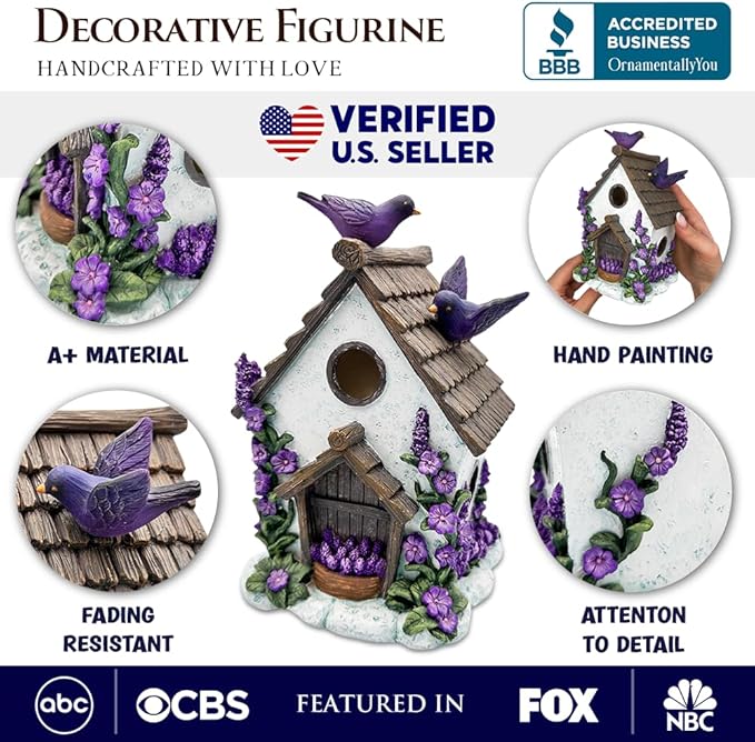 Spring & Summer-Themed Garden Statues – Adorable Outdoor Decor for Lawn, Patio & Porch (Lovely Floral Lavender Bird House Figurine, 7" Novelty Cottage Garden Decor)-VerdiqueGarden