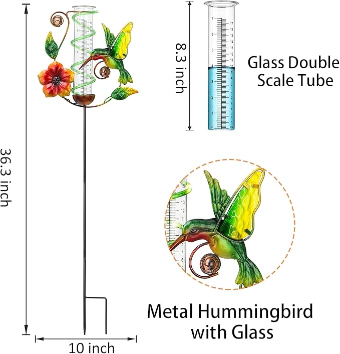 LEWIS&WAYNE 36.3” Hummingbird Rain Gauge Outdoor, 7” Glass Tube Solar Powered 10 Warm White LEDs Garden Metal Stakes Decorative Waterproof for Yard Garden Patio Lawn-VerdiqueGarden
