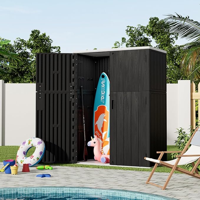 KINYING Outdoor Vertical Storage Shed,57 Cu.ft Outdoor Storage Cabinet Waterproof,Resin Sheds & Outdoor Storage Clearance for Garden,Patio,Backyard,Lockable (Black)-VerdiqueGarden