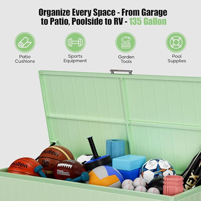 135 Gallon Outdoor Storage Box with Swivel Wheels, Waterproof Aluminum & Polylumber Deck Box, Patio Storage Box with Lid for Patio Furniture, Garden Tools, Outdoor Cushion-VerdiqueGarden