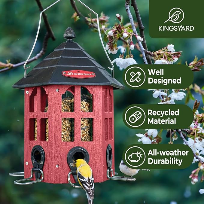 Kingsyard Wild Bird Feeder for Outdoor Hanging, Recycled Plastic Bird Feeders with 6 Ports & U-Shape Perch, Garden Yard Outside Decoration, 3.5 lbs Seed Capacity, Red-VerdiqueGarden