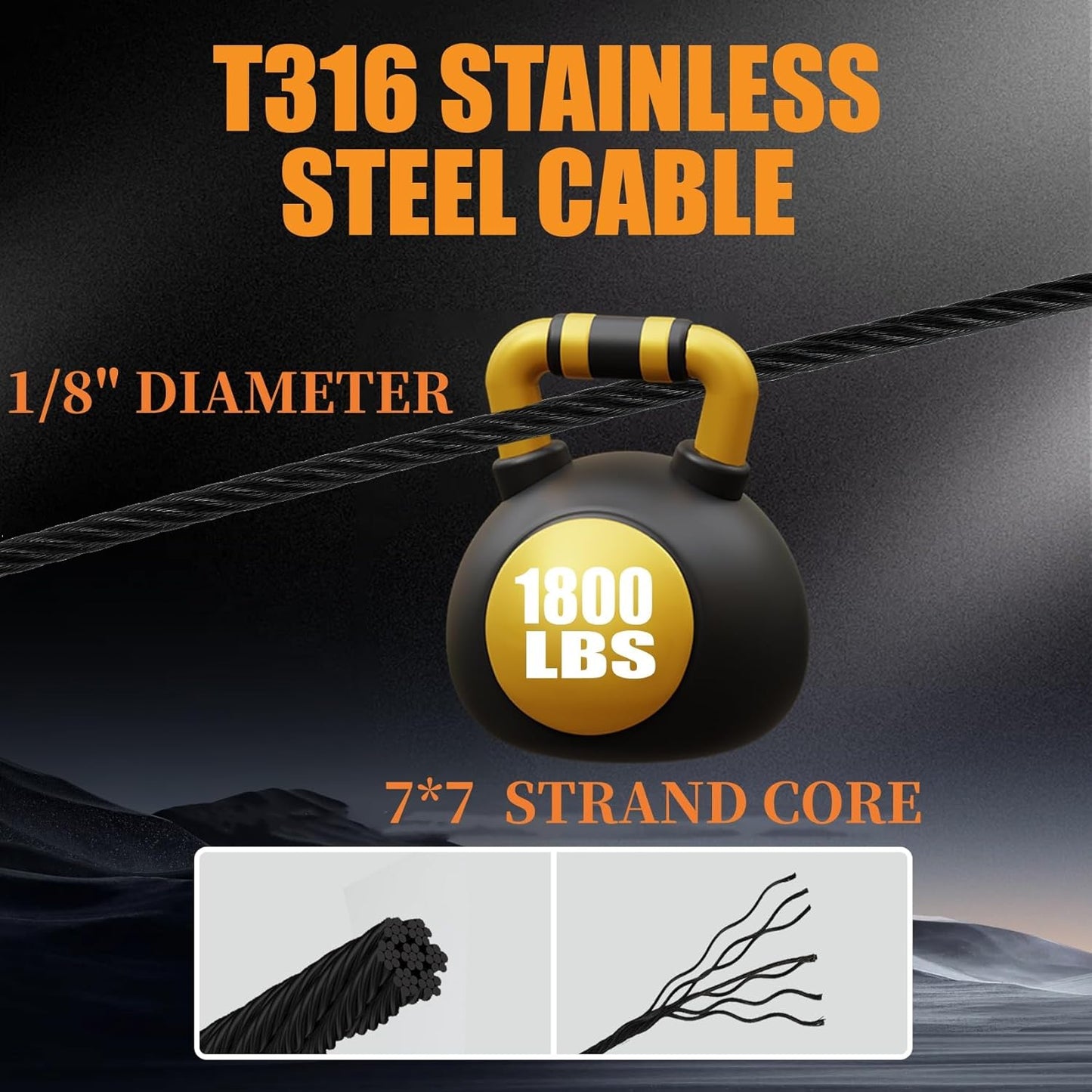 400FT 1/8" Stainless Steel Cable Black 7x7 Strands Aircraft Cable T316 Wire Rope with Cable Cutter 1800lbs Breaking Strength Metal Wire Cable for Deck Cable Railing, Stair, Fence, DIY Balustrades-VerdiqueGarden