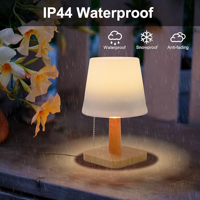 pearlstar Solar Table Lamp Outdoor - 2 Pack LED Waterproof Cordless Solar Desk Lamp with Pull Chain 2 Lighting Modes, Auto ON/Off for Outside Patio Coffee Table Garden Bedroom Living Room(White)-VerdiqueGarden