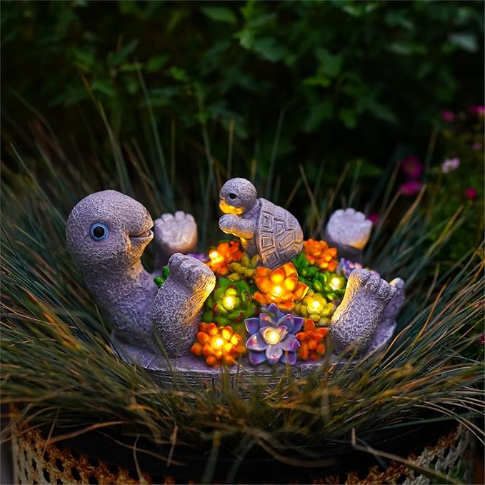 Solar Turtle Figurines Garden Decor, Cute Turtle Statue with Baby with 8 LED Solar Lights Garden Lawn Decorations for Patio & Yard, Gifts for Mom-VerdiqueGarden