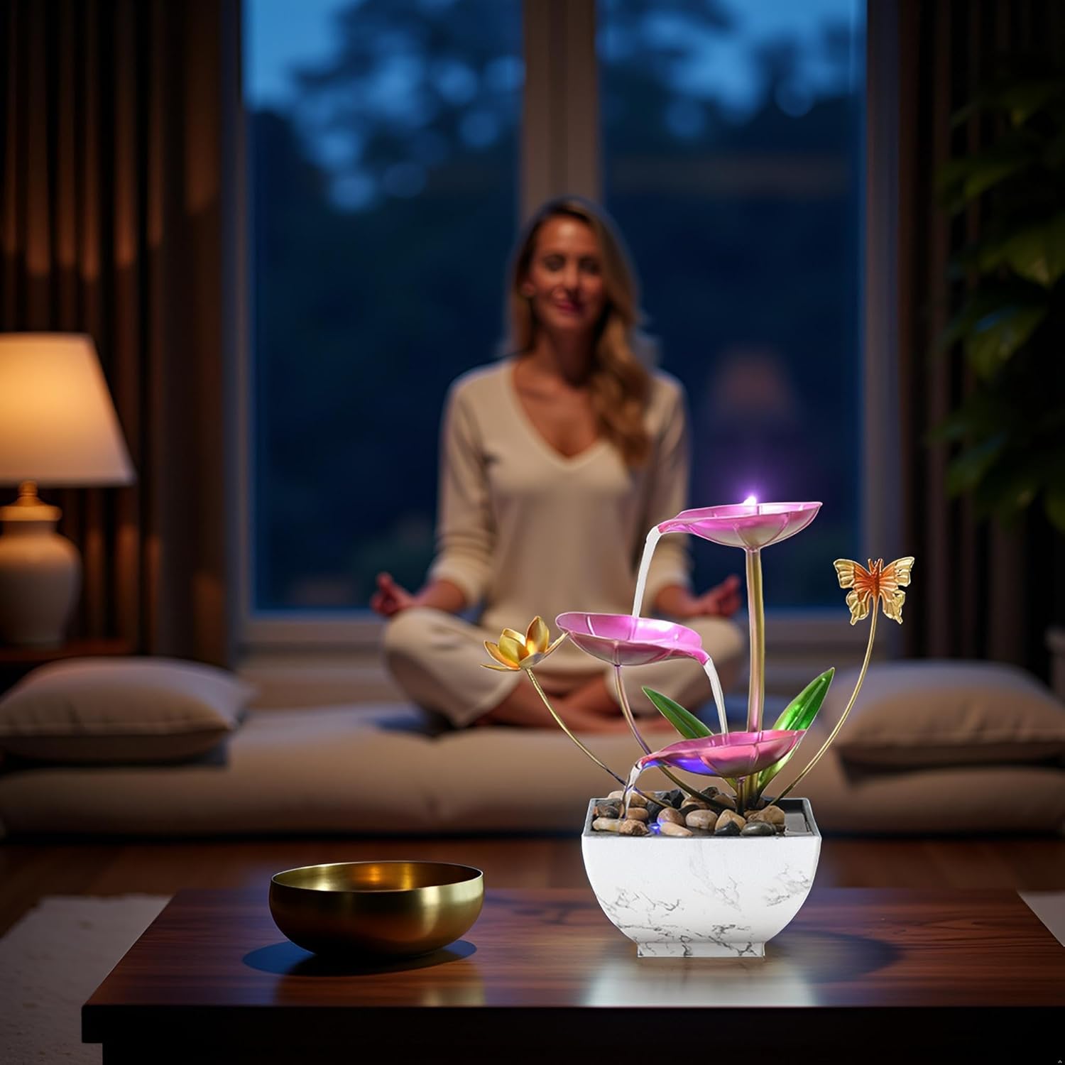 Pink Tabletop Water Fountain, USB Desktop Sleep Waterfall, Women Office Decor, Zen Garden for Desk-VerdiqueGarden