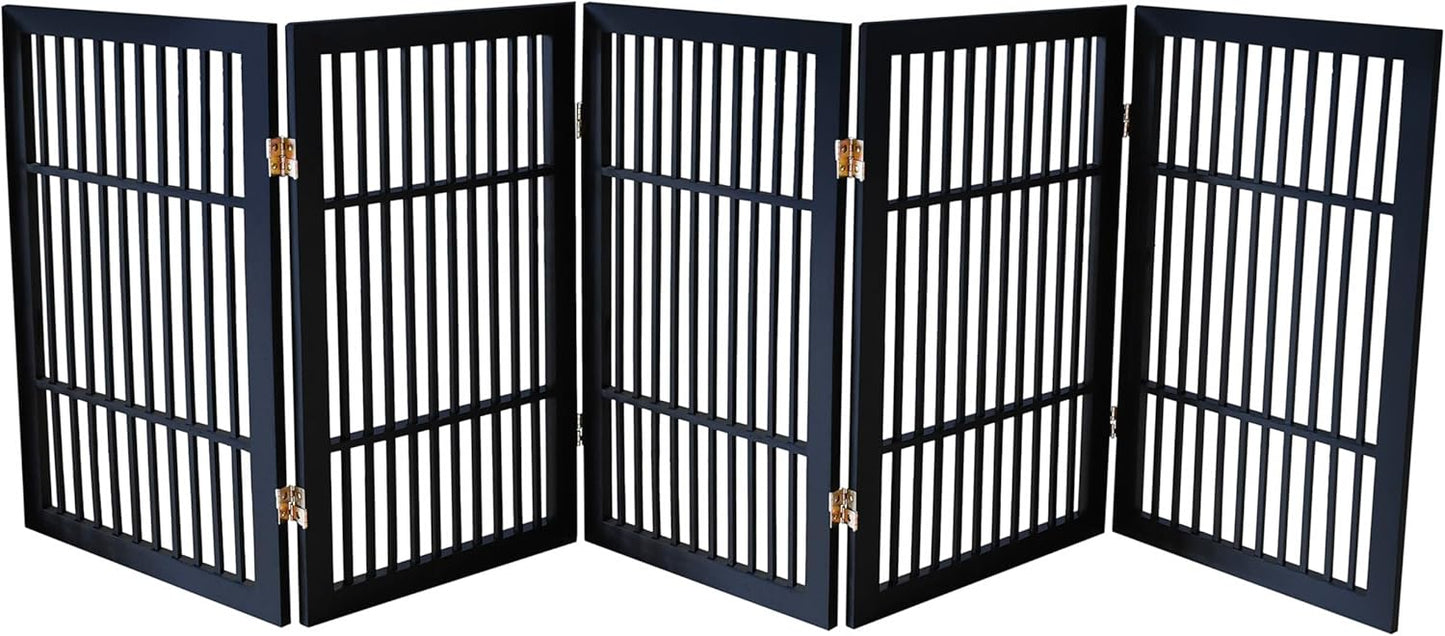 Pet Dog Gate Strong and Durable Freestanding Folding Acacia Hardwood Portable Wooden Fence Indoors or Outdoors by Urnporium (Black Pet Gate, 5 Panel 30" Tall)-VerdiqueGarden