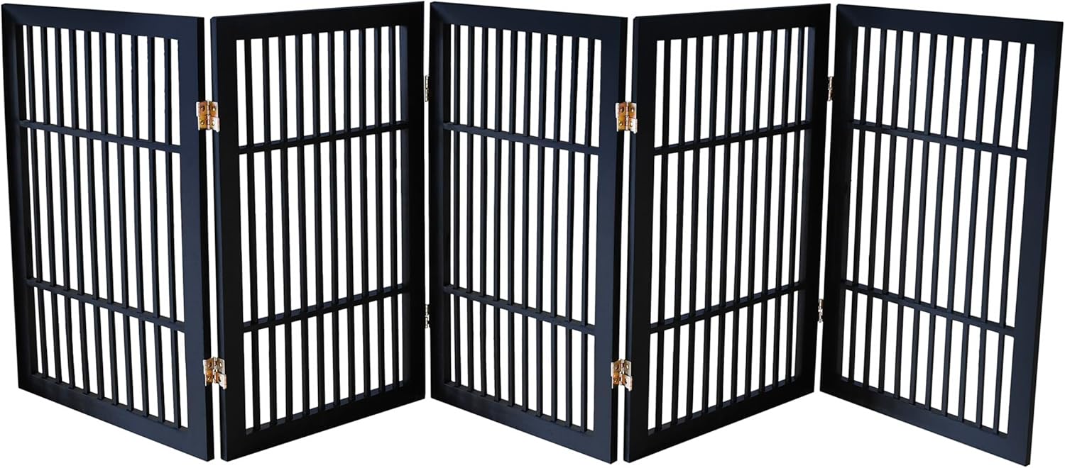 Pet Dog Gate Strong and Durable Freestanding Folding Acacia Hardwood Portable Wooden Fence Indoors or Outdoors by Urnporium (Black Pet Gate, 5 Panel 30" Tall)-VerdiqueGarden