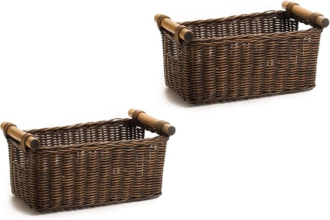 The Basket Lady Petit Wicker Storage Basket, 2 pcs Medium, Antique Walnut Brown-VerdiqueGarden