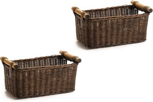 The Basket Lady Petit Wicker Storage Basket, 2 pcs Medium, Antique Walnut Brown-VerdiqueGarden