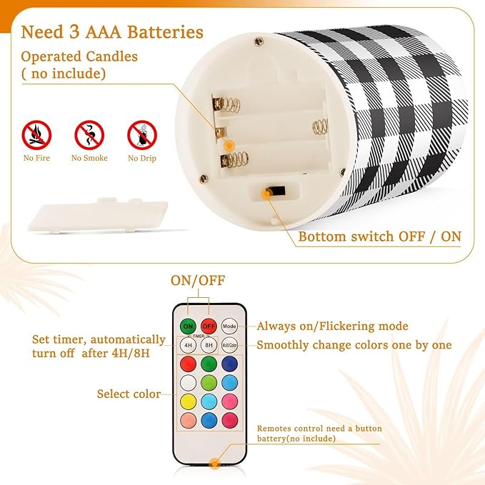 Flickering Flameless Candles, Black White Buffalo Plaid LED Candles with Remote Timer, Set of 2 Battery Operated Candle for Valentine Wedding Birthday-VerdiqueGarden
