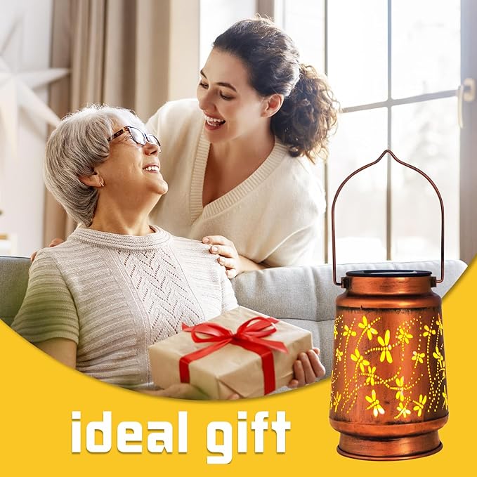 Mothers Day Gifts, 4 Packs Solar Lanterns Outdoor Hanging Lantern Lights, 4 Dragonfly Hollowed-Out Metal Decor Lantern, Waterproof LED Decorative Garden Light Gifts-VerdiqueGarden