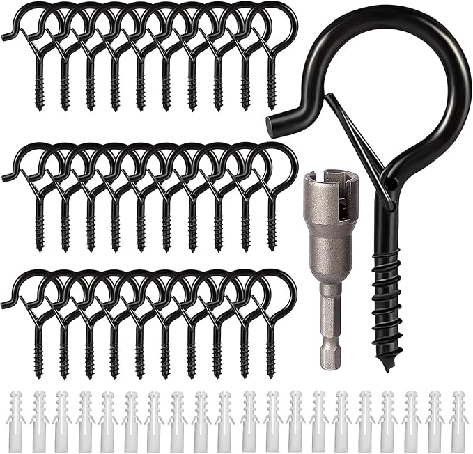 Hooks for Outdoor String Lights, Ceiling Screw Hooks with Safety Buckle Design for Hanging Plants Christmas Lights Party Led Wind Chimes, Black Q Hanger with Wing Nut Driver, 30 Pack-VerdiqueGarden