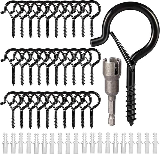Hooks for Outdoor String Lights, Ceiling Screw Hooks with Safety Buckle Design for Hanging Plants Christmas Lights Party Led Wind Chimes, Black Q Hanger with Wing Nut Driver, 30 Pack-VerdiqueGarden