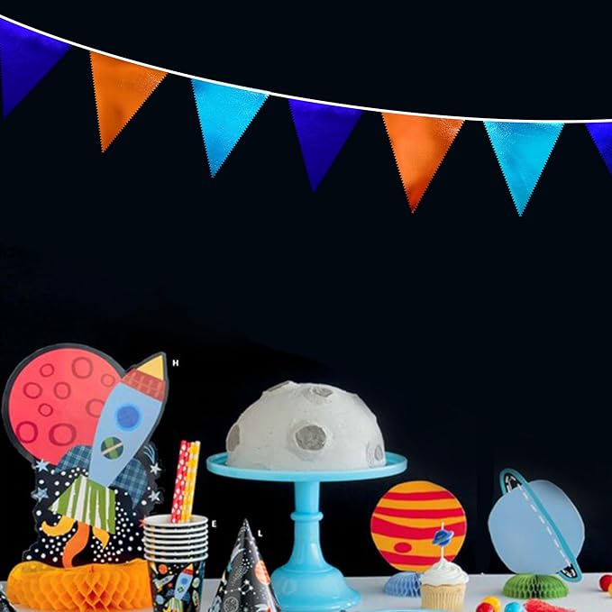 Orange Blue Party Decorations Metallic Fabric Triangle Pennant Flag Bunting Banner Garland for Birthday Baby Shower Graduation Bridal Shower Wedding Bachelorette Engagement Space Theme Party Supplies-VerdiqueGarden