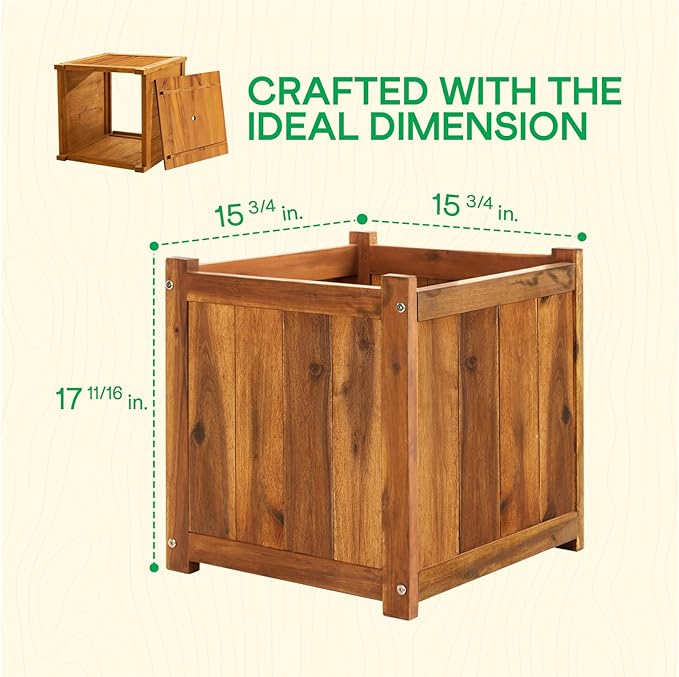 IDZO Acacia Wood Flower Planter Box for Outdoor Plants, 1pc Wooden Raised Garden Bed with Handles, Drainage Holes, Ideal for Garden and Home Décor, Light Cherry-VerdiqueGarden