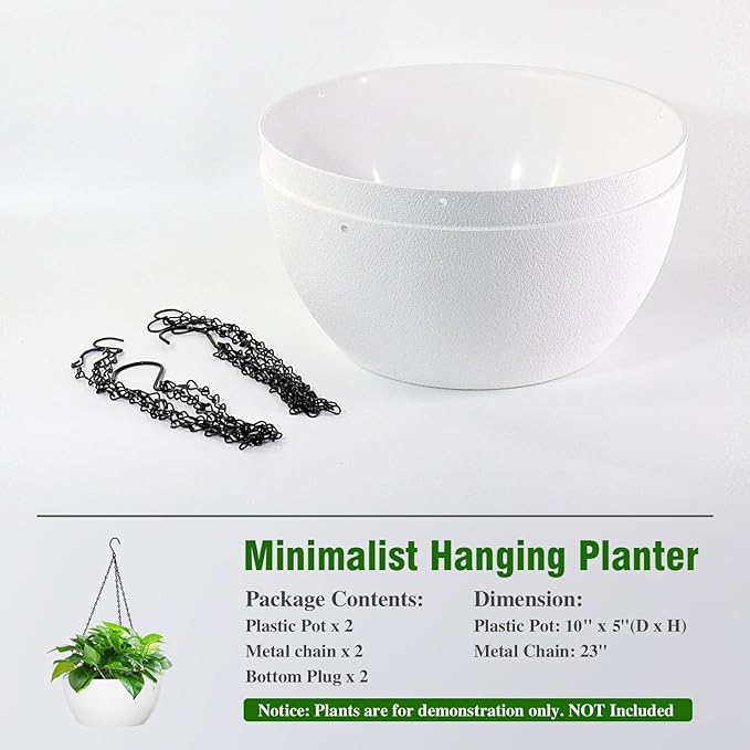 10 inch Hanging Planters for Outdoor Indoor Plants with Drainage Holes and Chain, 2 Pack Round Hanging Flower Plant Pots for Garden Home Porch Decor, White-VerdiqueGarden