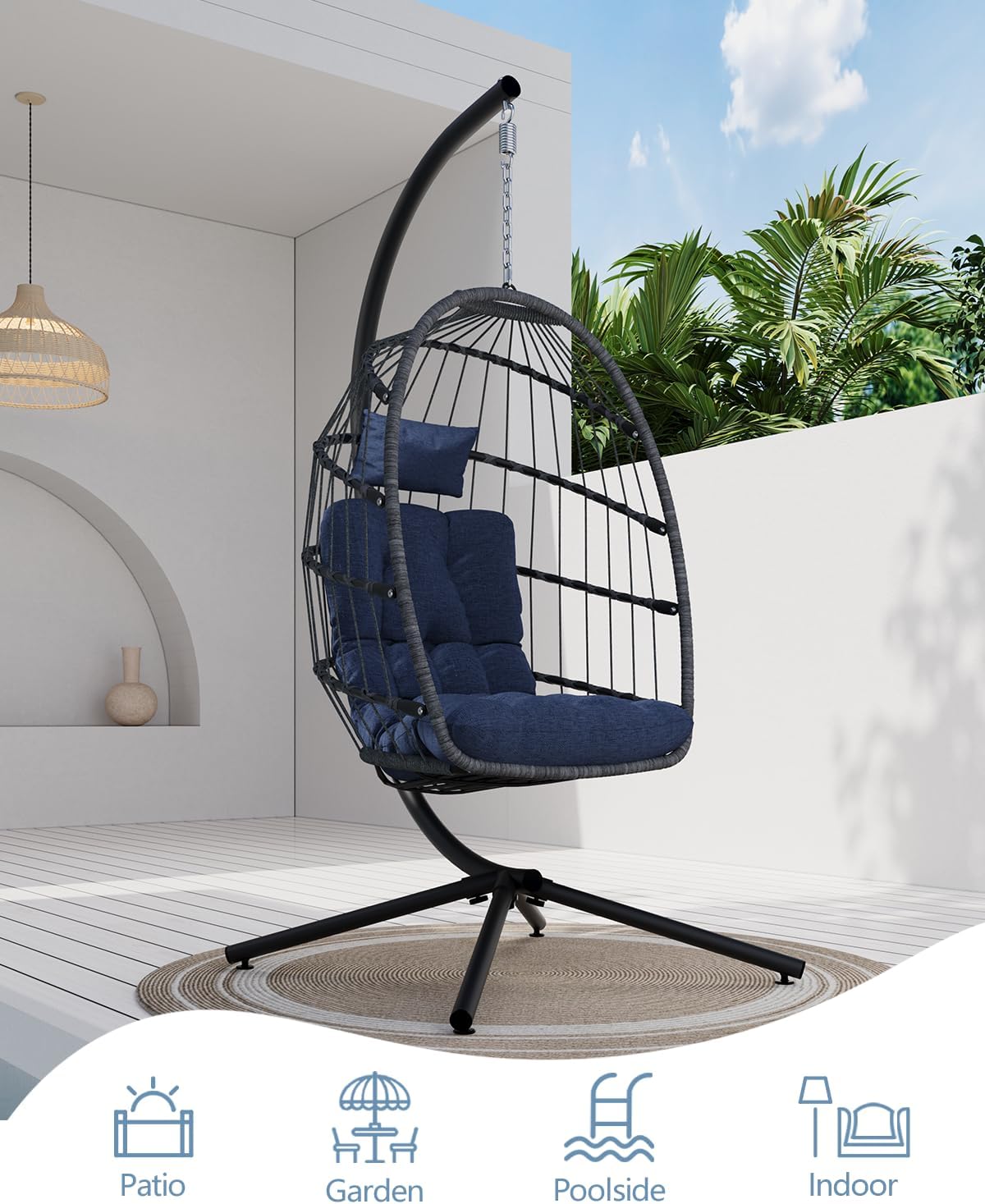 SWITTE Egg Chair Outdoor with Stand, Indoor Wicker Hanging Egg Swing Chair with Cushion, 350lbs Capacity for Patio, Bedroom, Garden - Dark Blue-VerdiqueGarden