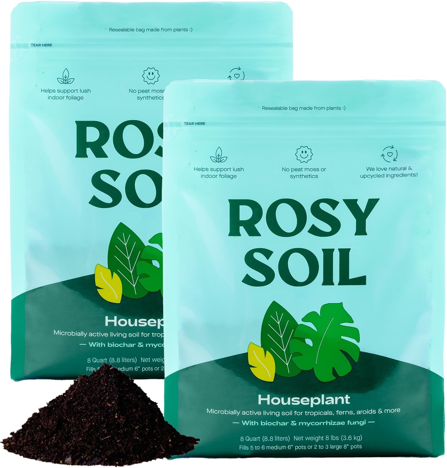 Rosy Soil Indoor Potting Soil for House Plants, 2 x 8 qrt - Organic Potting Soil Mix for Indoor Plants -Enriched w/Root-Boosting Biochar for Foliage Plants, Flowers, Herbs - Pack of 2-VerdiqueGarden