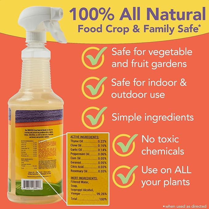 Trifecta Crop Control Ready to Use Maximum Strength Natural Pesticide, Fungicide, Miticide, Insecticide, Help Defeat Spider Mites, Powdery Mildew, Botrytis and Mold on Plants 32 OZ Size-VerdiqueGarden