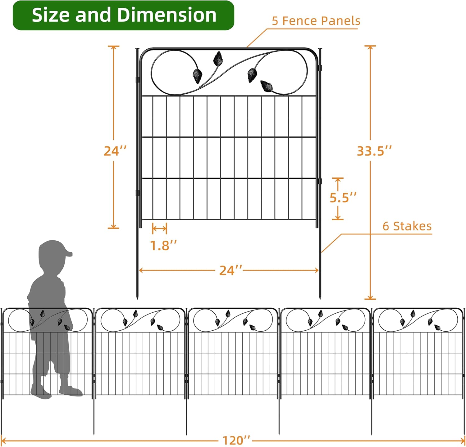 Decorative Metal Garden Fence 24in(H) X10ft(L) 5 Panels Leaf Black Rustproof Wire Border Fence for Landscape Patio Flower Bed Garden Fencing Panel Animal Barrier for Dogs-VerdiqueGarden