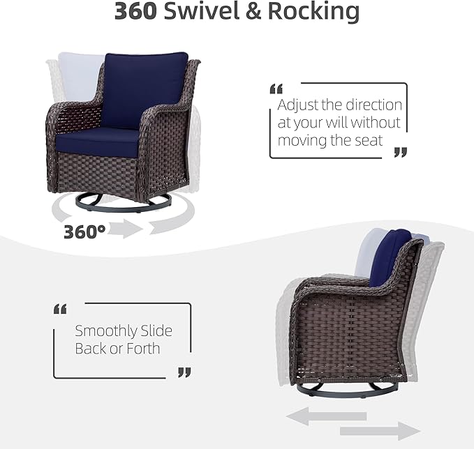 Towallmark Outdoor Swivel Wicker Glider Patio Chairs with Table Set, 3 Pieces Outdoor Bistro Set with 4”Thick Cushions and Coffee Table for Porch, Balcony, Deck (Blue)-VerdiqueGarden