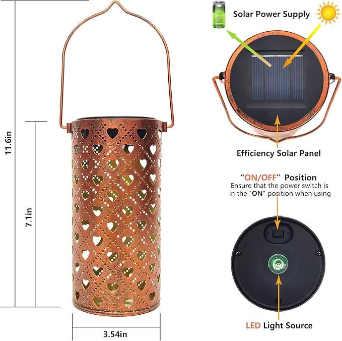 2 Pack Solar Lanterns Outdoor Hanging Heart Pattern Decor Lantern,Waterproof Hollow Out Metal Decorative Garden Light,Graceful Decoration for Patio,Yard,Landscape,Walkway,Festival-VerdiqueGarden