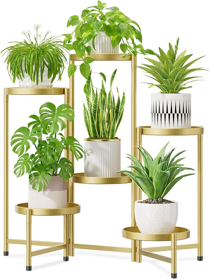 iDavosic.ly 6 Tier Large Plant Stand Indoor, 10 Inch Wide Tall Corner Metal Plant Stands Outdoor for Multiple Plants, Folding Tiered Flower Display Holder Rack Shelf, Gold-VerdiqueGarden