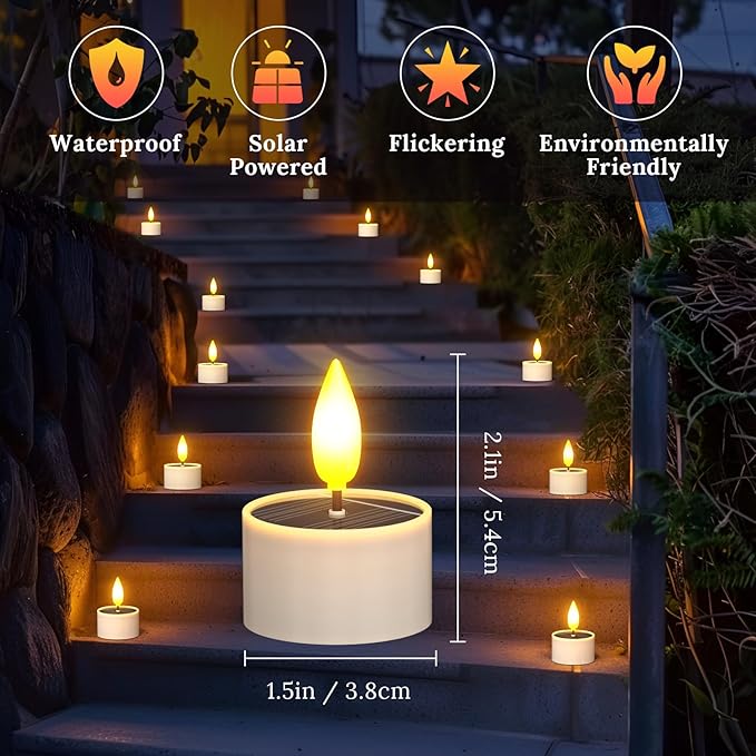 SoulBay Solar Tea Lights Outdoor Waterproof, 12 pcs 1.5" D x 2.1" Reusable Dusk to Dawn Flickering Small LED Tealight Candles, Flameless Votive Candle for Lanterns Patio Garden Camping Decor-VerdiqueGarden