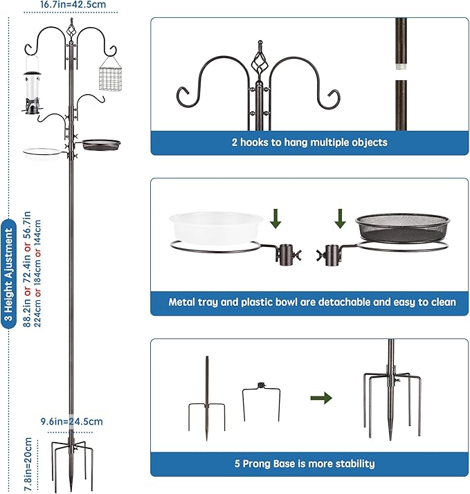 Deluxe Bird Feeding Station Kit With Multi Feeder Hanging Pole, Metal Suet Feeder, Bird Bath, Mesh Tray for Attracting Wild Birds and Planter Hanger (1 Pack)-VerdiqueGarden