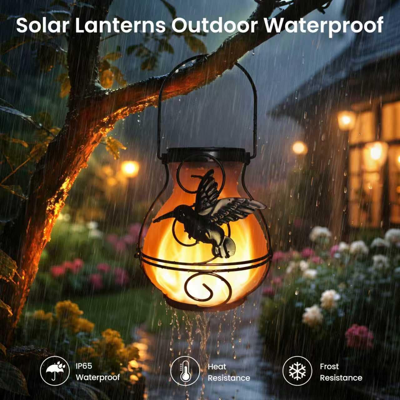 2 Pack Solar Lanterns Outdoor Waterproof Flickering Flame Lights Hummingbird Metal Hanging Solar Lantern Patio Porch Garden Decoration-VerdiqueGarden
