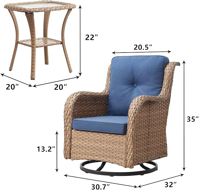 Outdoor Patio Swivel Rocker Chairs - 3 Piece Patio Bistro Set,Wicker Patio Furniture Set with 2 Swivel Rocking Chairs and 1 Glass Top Side Table for Deck Porch Garden,Yellow/Blue-VerdiqueGarden