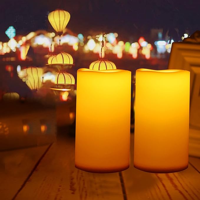 Waterproof Outdoor Battery Operated Flameless Pillar Candles with Timer White Plastic Realistic Flickering Fake Electric LED Lights for Lantern Garden Wedding Christmas Decorations 3”x5” 2 Pack-VerdiqueGarden