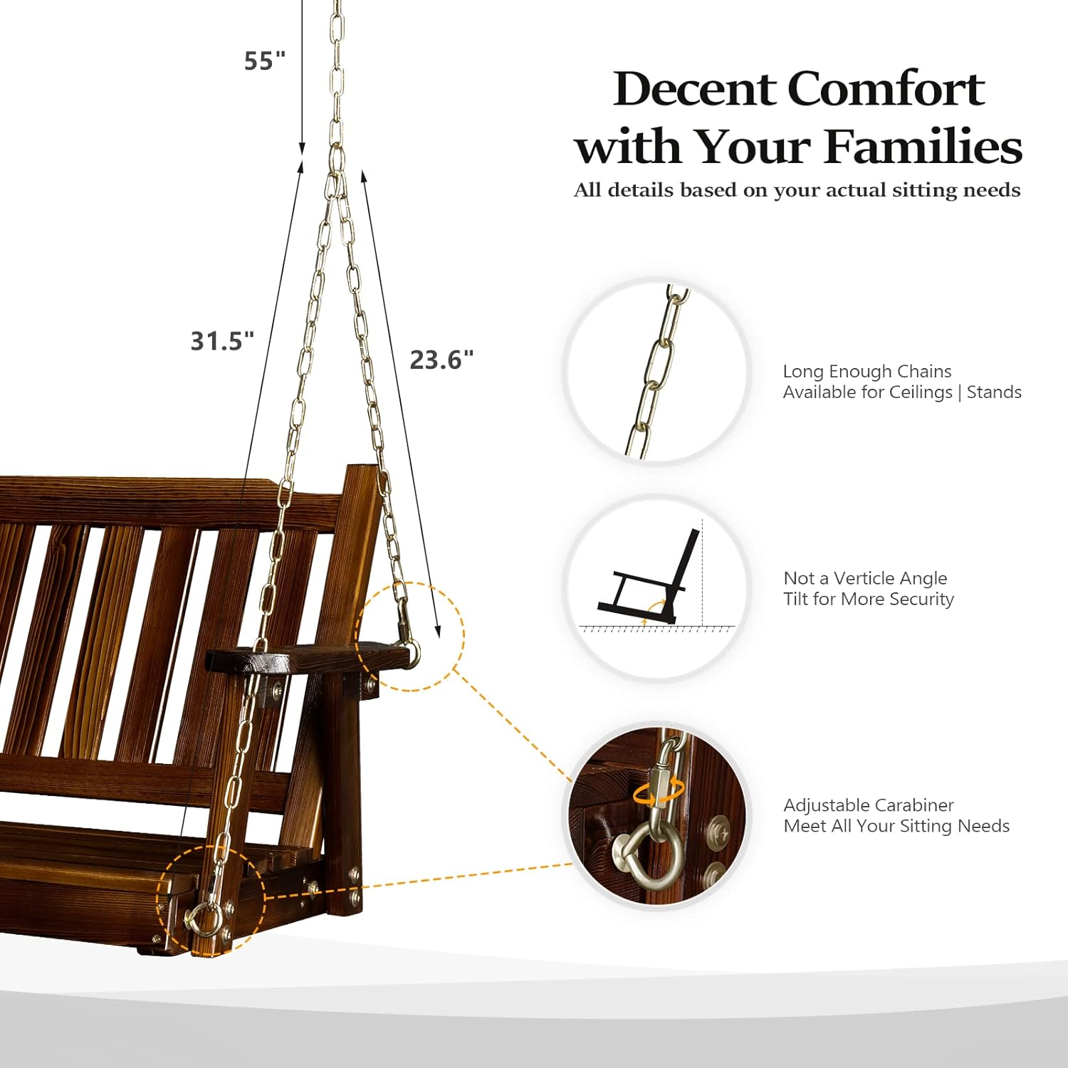 VINGLI Heavy Duty 880 LBS 4 FT Outdoor Porch Swing, Patio Hanging Swing Bench for Yard, Rustic-VerdiqueGarden