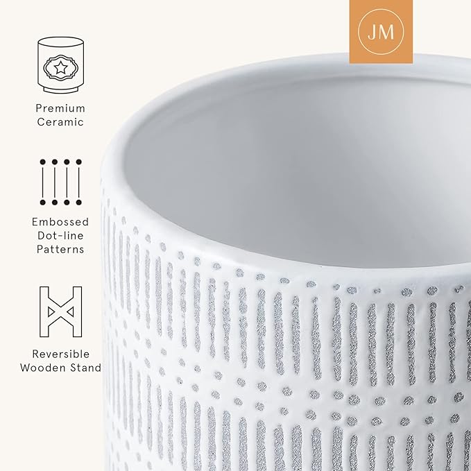 LA JOLIE MUSE Ceramic Plant Pot with Wood Stand - 9.4 Inch Modern Round Decorative Flower Pot Indoor with Wood Planter Holder, Slate Blue and White-VerdiqueGarden