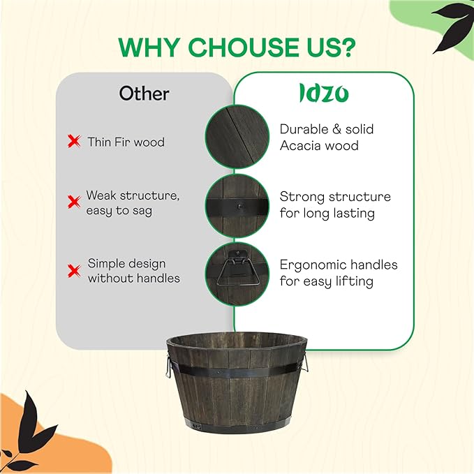 IDZO Set of 3 Wooden Flower Planters for Outdoor Plants, Acacia Wood Barrel Planters, Ergonomic Handles, Drainage Holes, Various Sizes, Black-VerdiqueGarden