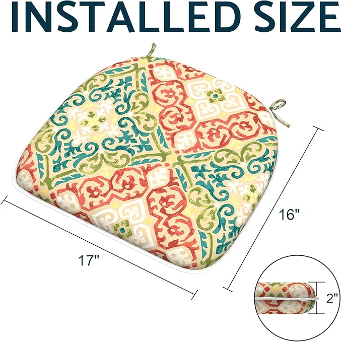 Indoor/Outdoor Chair Cushions 16x17 Inch, Patio Chair Cushions with Ties, All Weather Seat Cushions for Patio Furniture Home Garden Chair Use, Set of 2,Geometric Orange-VerdiqueGarden