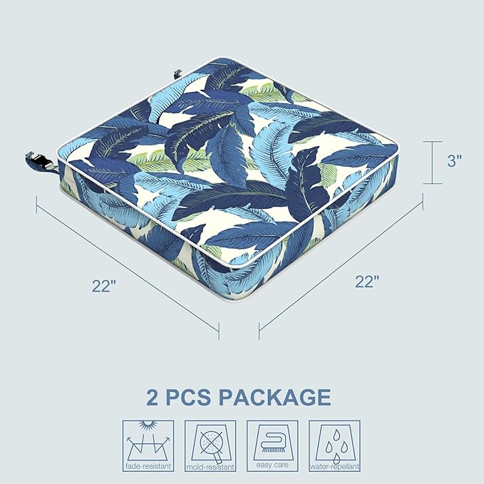 LVTXIII Patio Chair Cushions 22"x22"x3", Water-Repellent Outdoor Seat Cushions for Patio Furniture, Square Chair Pads with Ties for Home Garden Decoration, Set of 2, Swaying Palms Blue-VerdiqueGarden