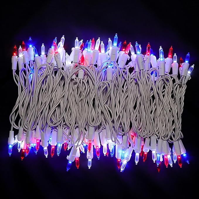 MULTI-SPARKING Red White and Blue LED Christmas Lights - 100 Count 4th of July Patriotic String Lights for Tree, Party, Independence Day Decorations, 33 Feet White Wire, UL Certified, Connectable-VerdiqueGarden