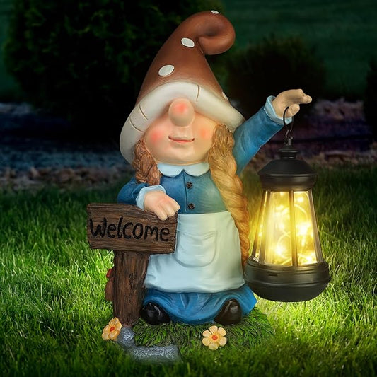 Solar Large Gnome Garden Statue with Welcome Sign Outdoor Decor with LED Lantern Funy for Porch Yard Patio Lawn Ornament Christmas Housewarming Gardening Gift-VerdiqueGarden
