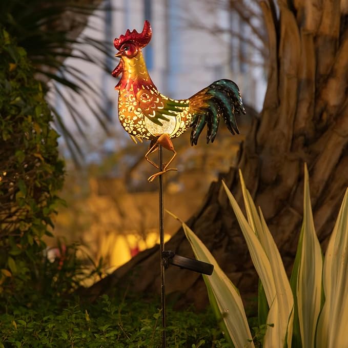 Tryme Rooster Solar Lights Outdoor Decorative Garden Statue Gifts for Chicken Lovers Women Mother Metal Yard Art for Lawn-VerdiqueGarden