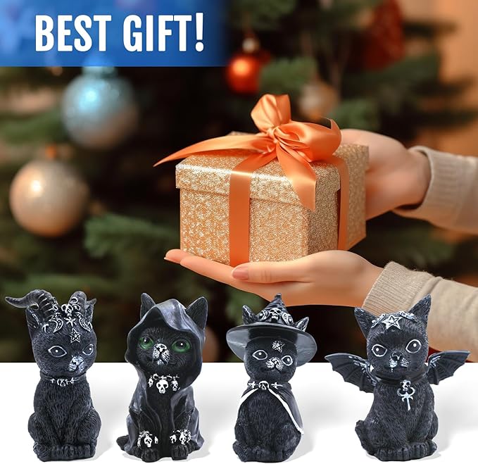 4PCS Set Cats Garden Decor Cat Gnome Statues for Outdoor Halloween Cat Figurine Cat Lover Idea Cute Cat homedecor Waterproof Figurines Lawn Ornaments-VerdiqueGarden