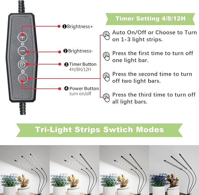 Super Bright Plant Grow Light Clip-on, 6000K Full Spectrum Gooseneck Growing Lamp with White Red Blue LEDs for Indoor Plants, Dimmable, Auto On/Off Timer 4/8/12Hrs, Independent Control Light Bars-VerdiqueGarden