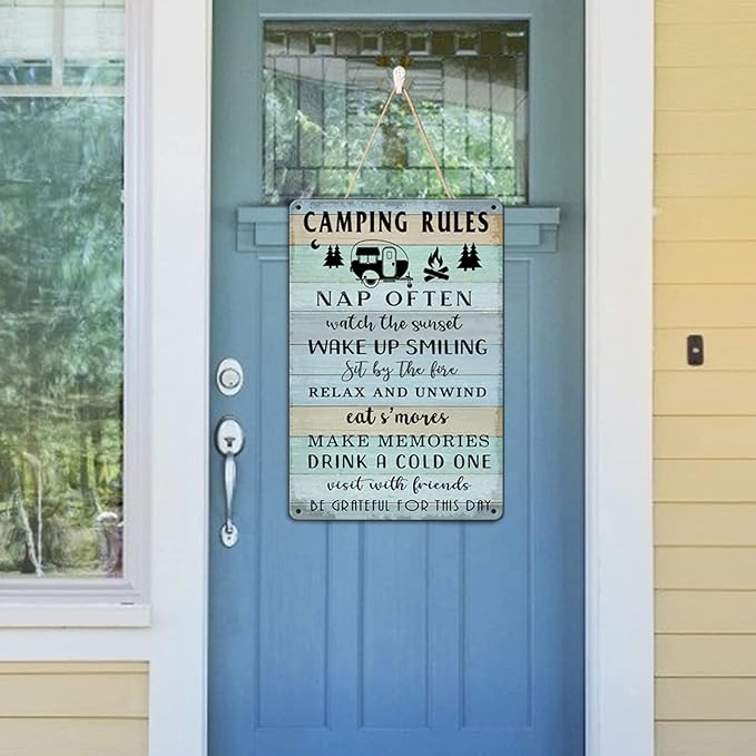 Camping Decor For Camper Camping Rules Sign Metal Tin Signs Lake Camper Door Decorations For Inside Funny Camping Themed Decor Rv Wall Art Decor Cabin Sign 12 X 8 Inch-VerdiqueGarden