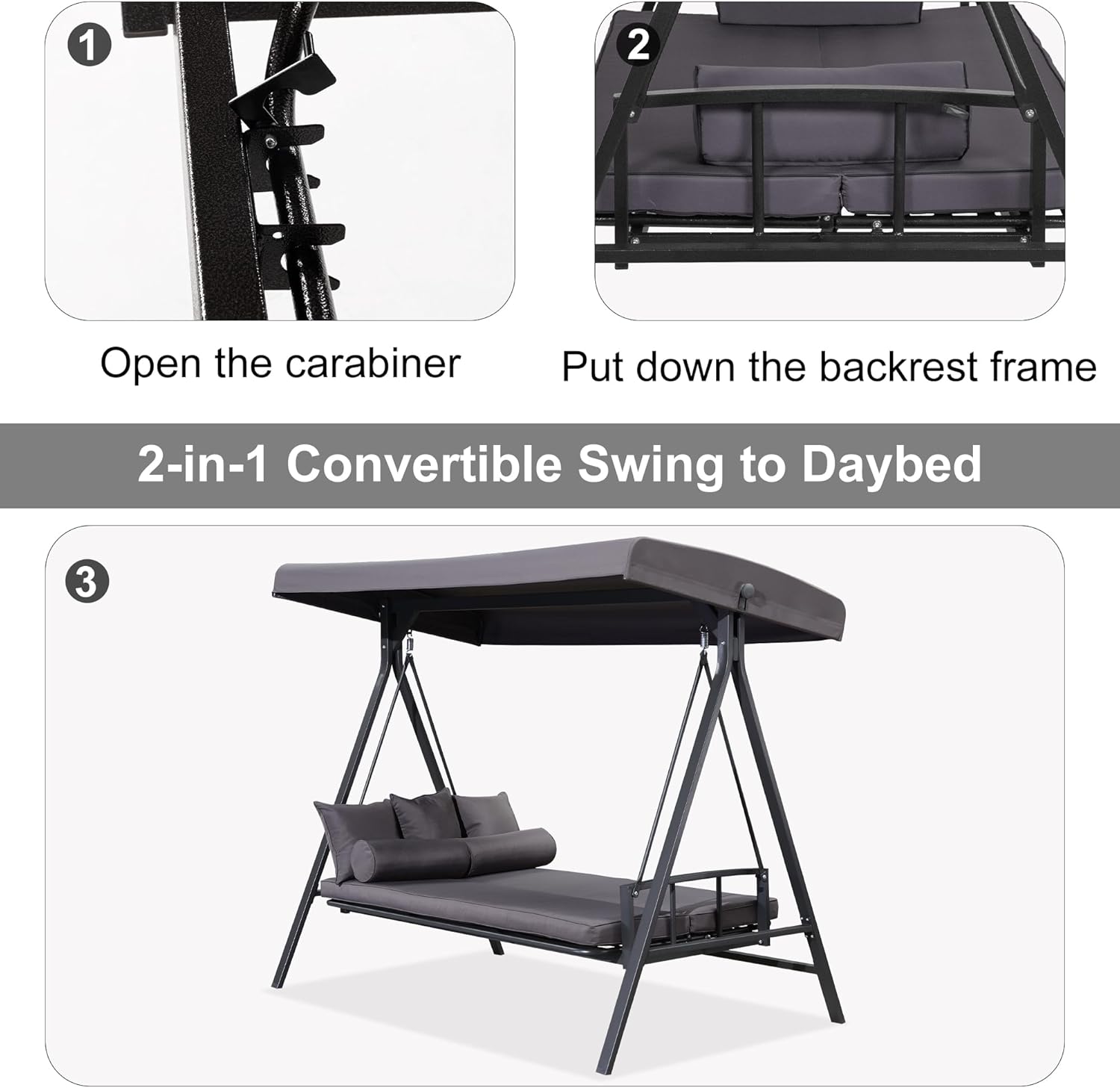 PURPLE LEAF Outdoor Patio Porch Swing Adjustable Backrest, 3-seat Swing Chair with Weather Resistant Steel Frame for Backyard Front Porch Lawn, Cushion and Pillows Included, Grey-VerdiqueGarden
