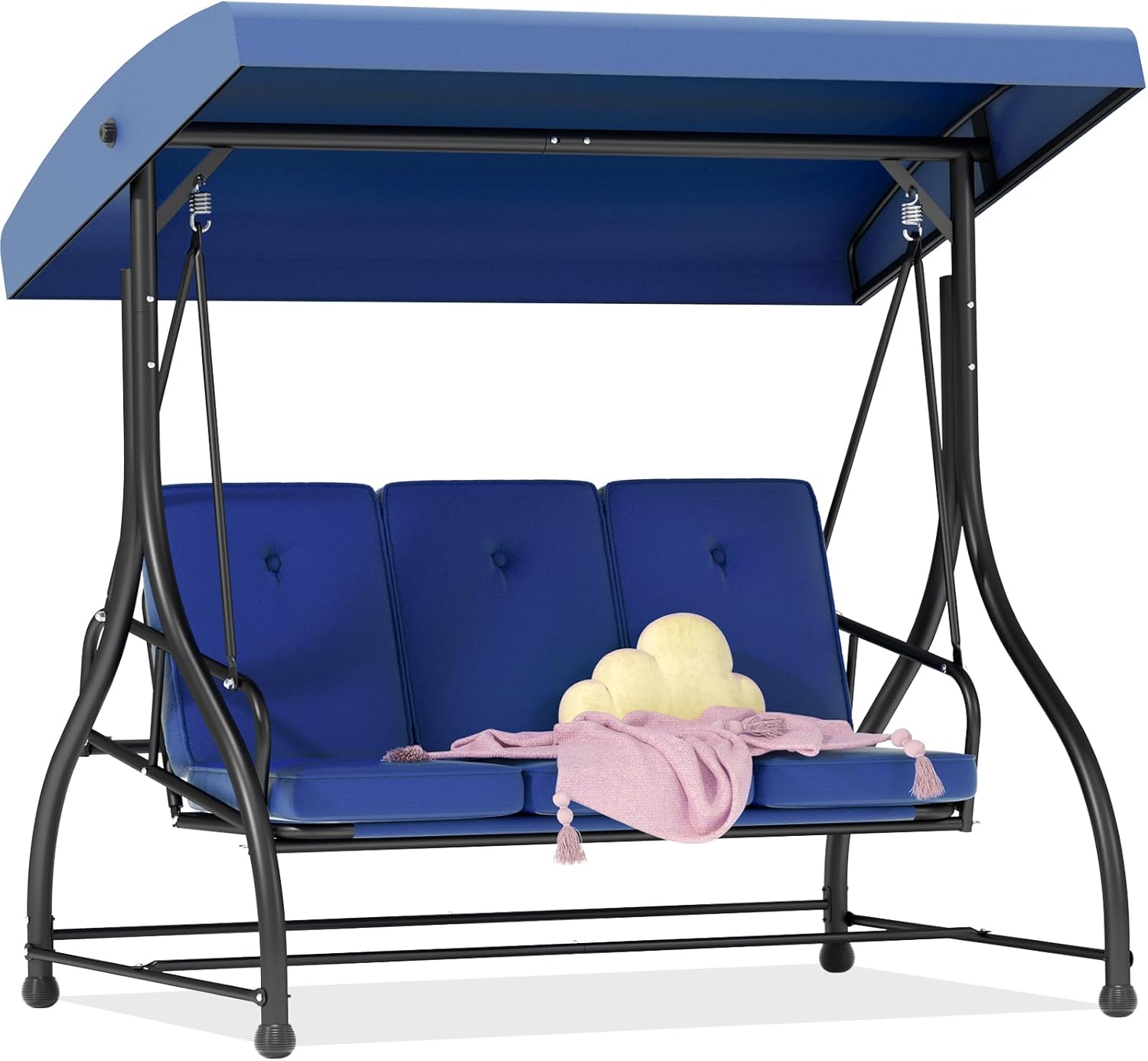 3-Seat Porch Swing Bed with Adjustable Canopy & Removable Cushions, Heavy Duty Steel Frame Outdoor Patio Swings Glider Chair for Backyard, Garden, Deck, Blue-VerdiqueGarden