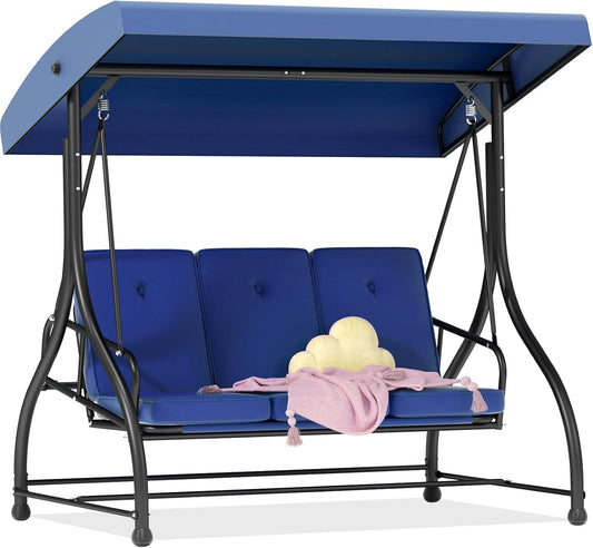 3-Seat Porch Swing Bed with Adjustable Canopy & Removable Cushions, Heavy Duty Steel Frame Outdoor Patio Swings Glider Chair for Backyard, Garden, Deck, Blue-VerdiqueGarden